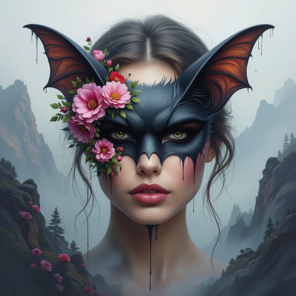 A beautiful woman’s face turning slowly into a bat with flowers and a foggy Rocky background with dripping down the bottom and hyper realism...