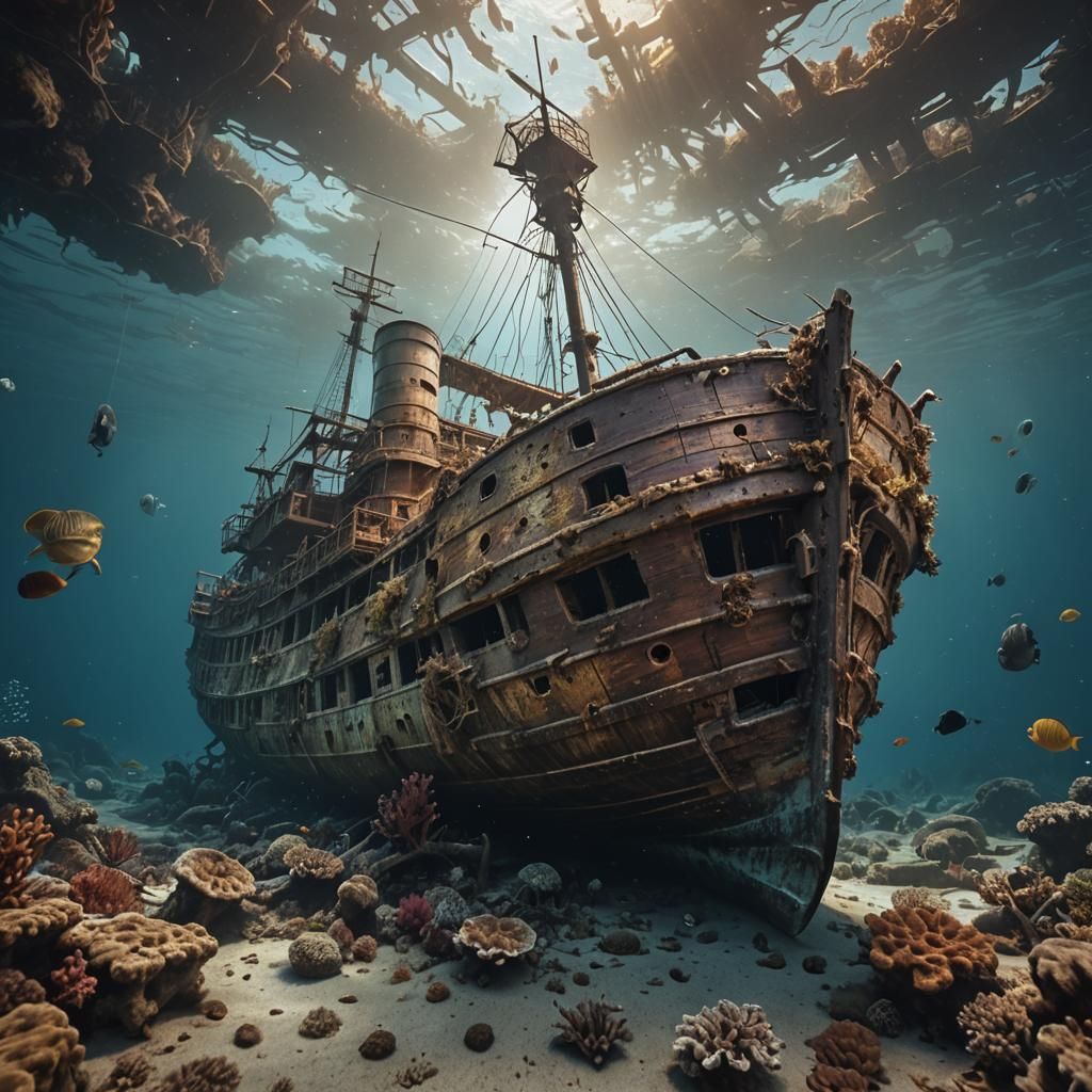 An old wooden ship slowly breaking apart on an underwater re...