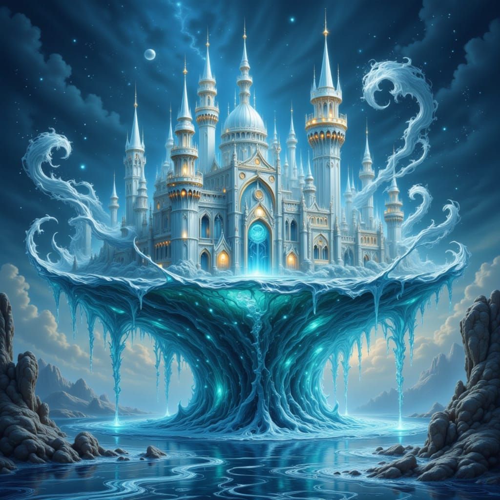 Enchanted Crystal Castle Floating in Luminescent Potion