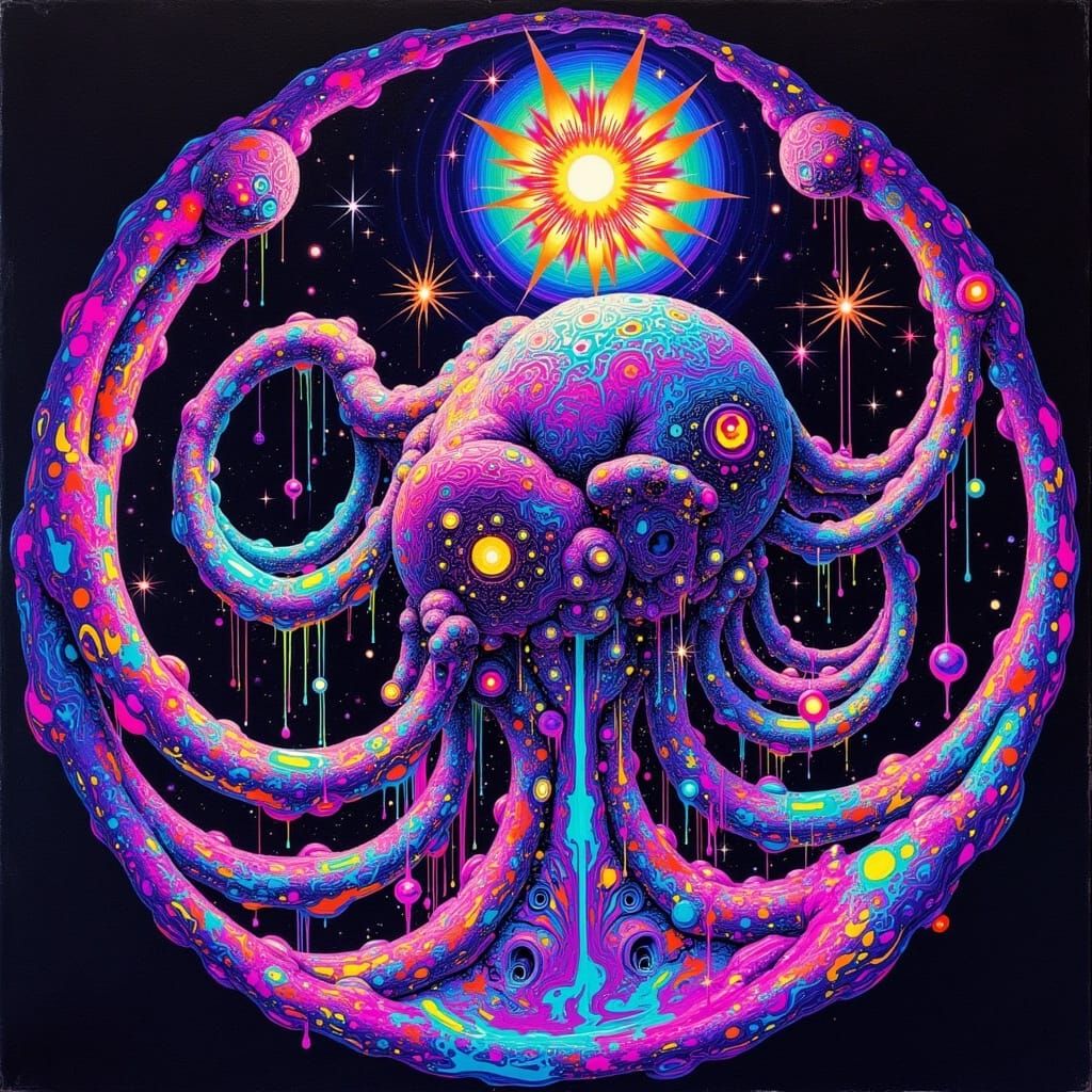 Hyper-realistic, mind bending, surrealist, polyfractal magnificence, bio-luminescent, quintessence, refractive, cubist, circular, tribal, f...