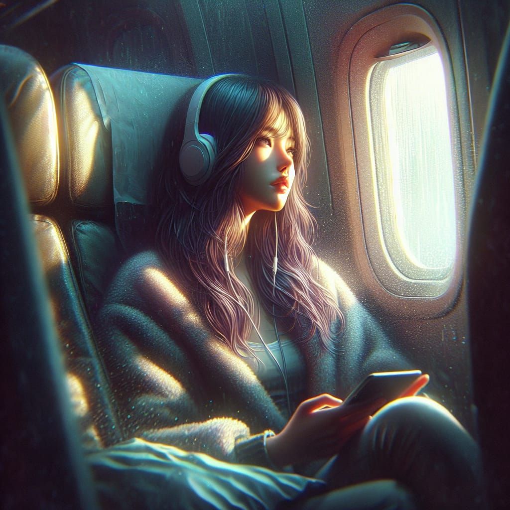 Girl Listening to Music on Airplane, Hyperrealistic 3D Art