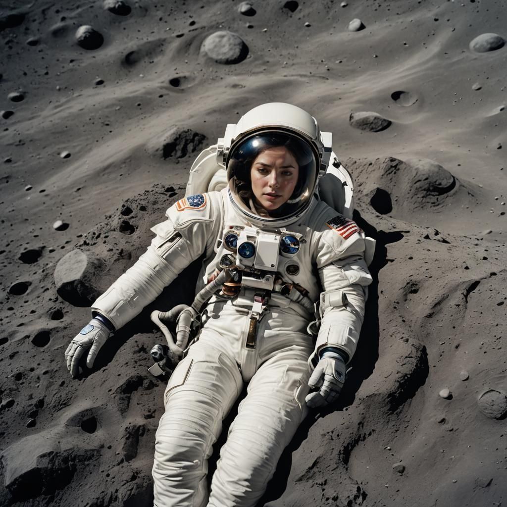004 A beautiful woman wearing a white spacesuit lying uncons...