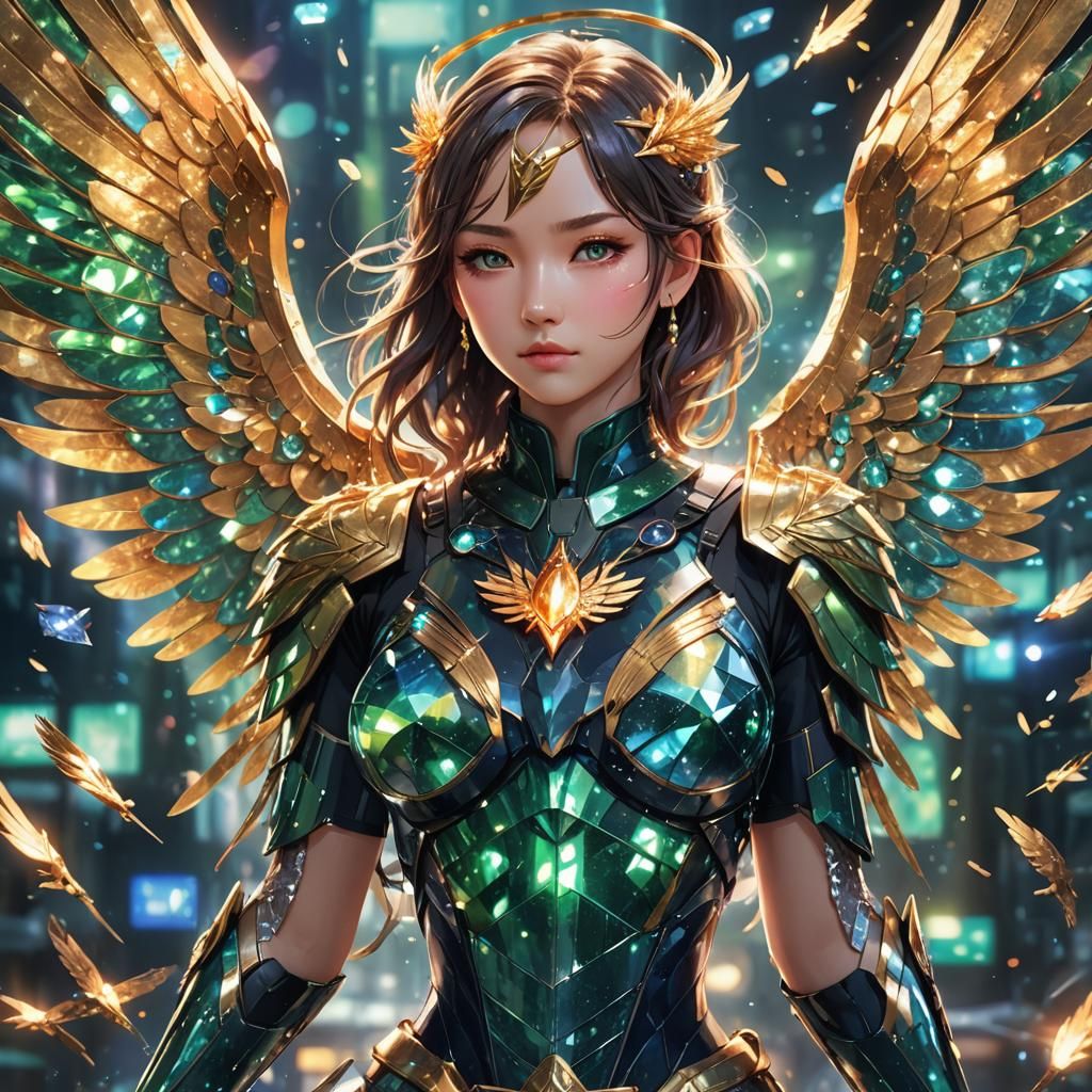 Anime Girl with Mockingjay Wings in Gemstone Armor