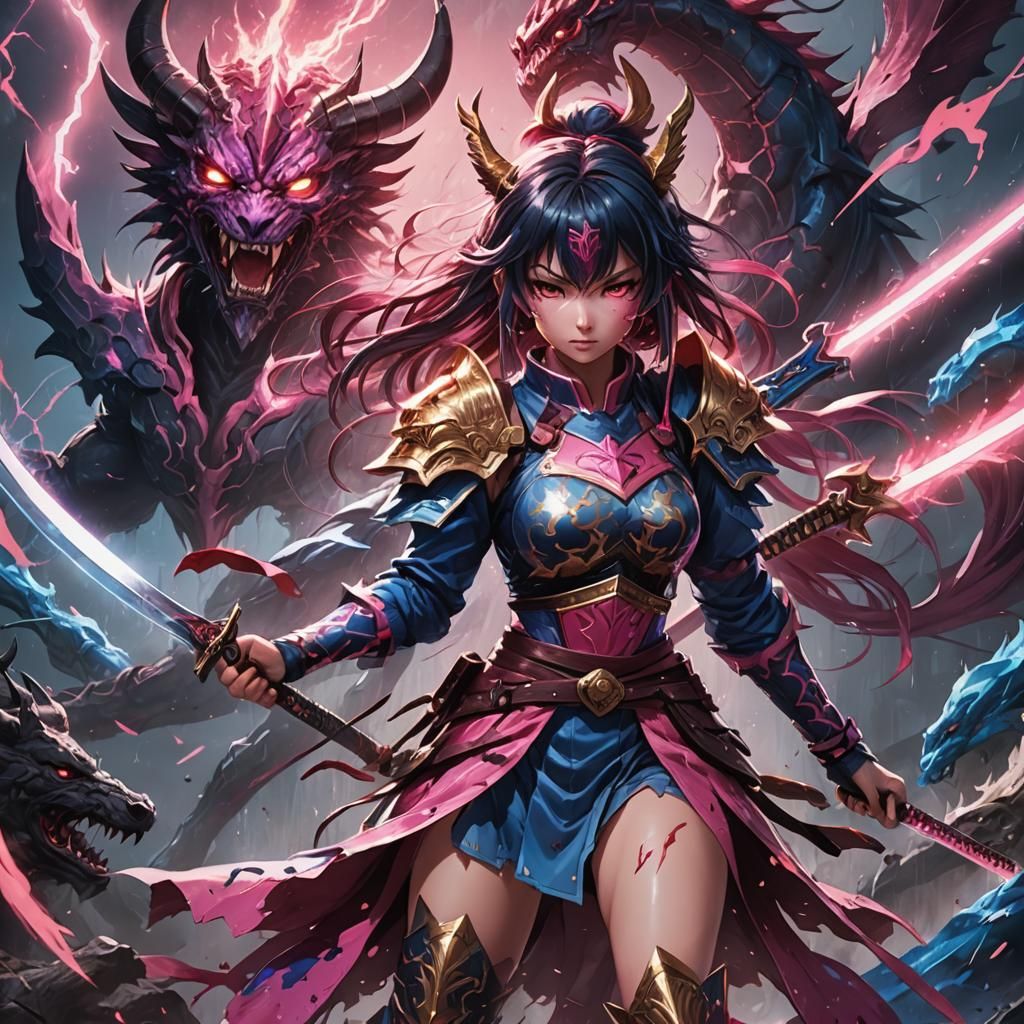 Beautiful, cute anime girl in warrior clothes, fighting with a sword