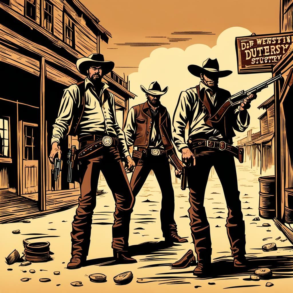 Two cowboys in a shootout in a dustry Western street