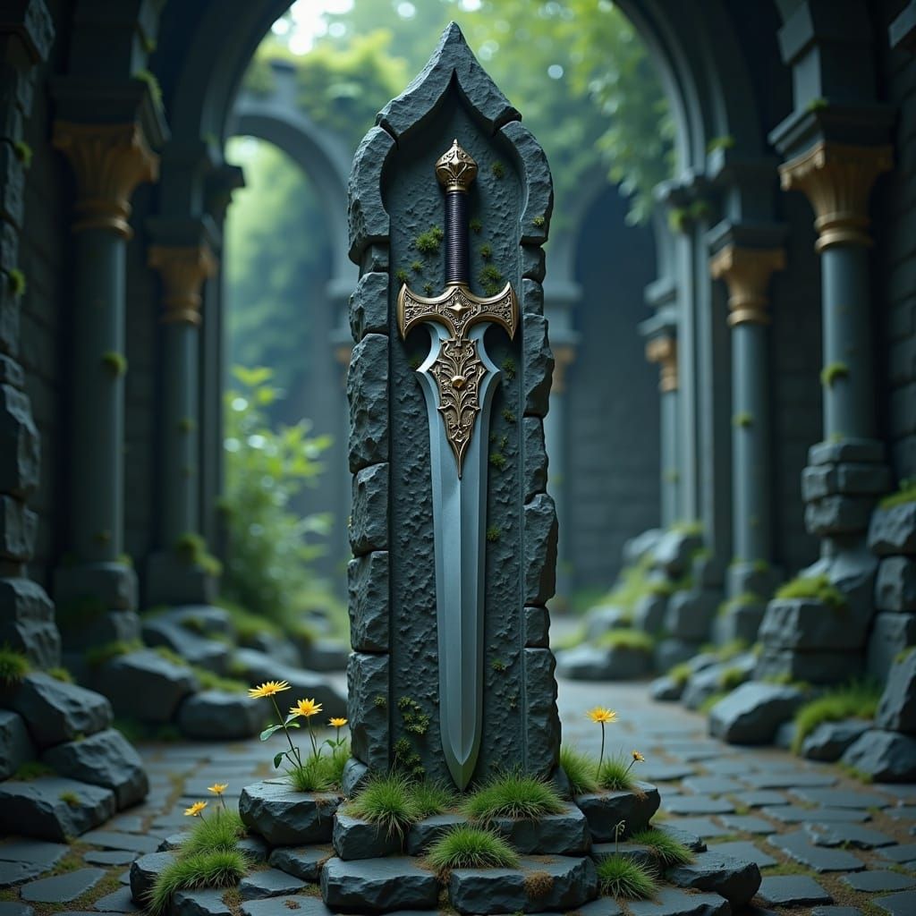  <lora:DangerousBeauty:1.0> The enchanted sword embedded in stone, its hilt gleaming with ancient runes.