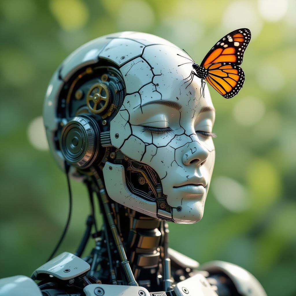 A hyper-realistic, highly detailed CGI surreal depiction of a humanoid robot. The robot's face is aged and weathered, resembling cracked por...