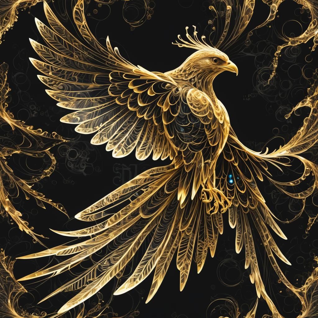 Translucent bioluminescent single gold hawk on a black background. Full body pose.   by @POP WIZARD