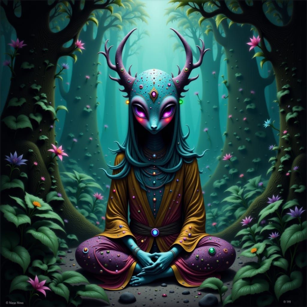 A serene bioluminescent alien creature, wearing flowing, earth-toned robes, sits meditating in a misty, hidden grotto, surrounded by lush, p...