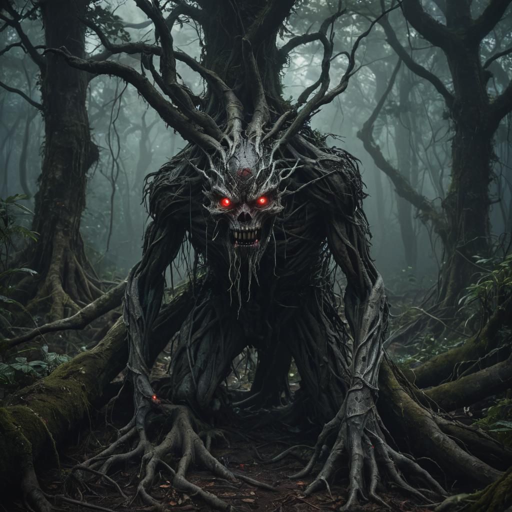 Menacing Wood Creature in a Dark Fantasy Jungle