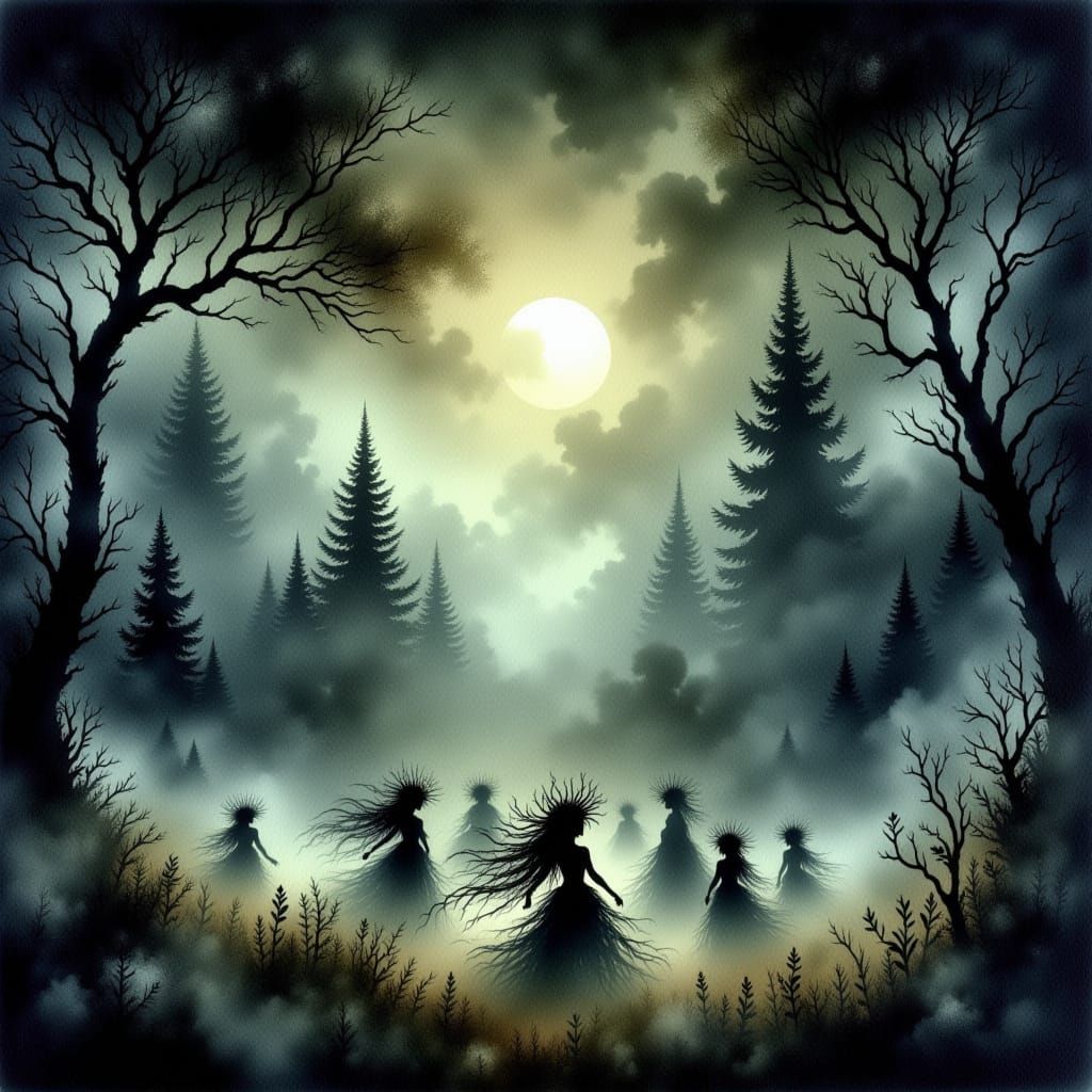 Mysterious painting showcasing small and windswept of female dryads with quirky headgears made of brunches and vines (seen from afar:1 9) (d...