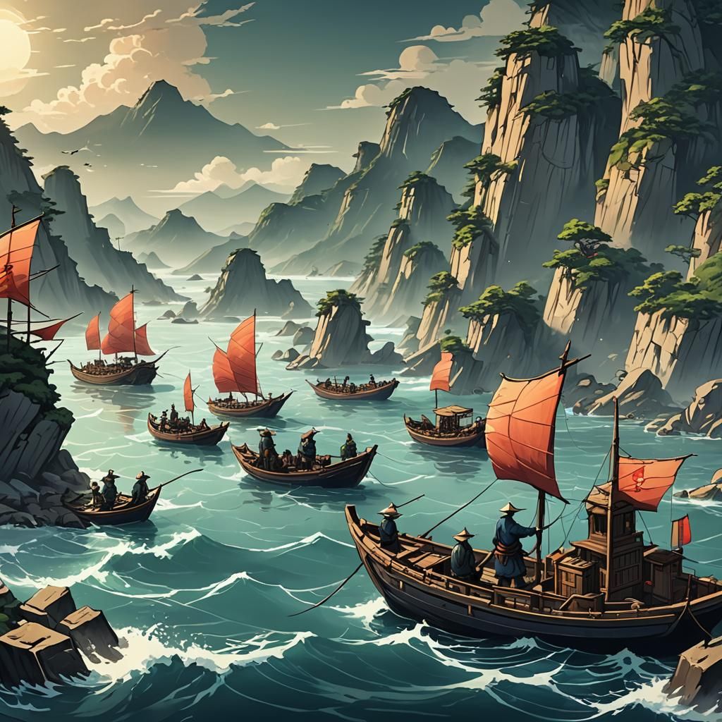 Ancient chinese fishermen out at sea
