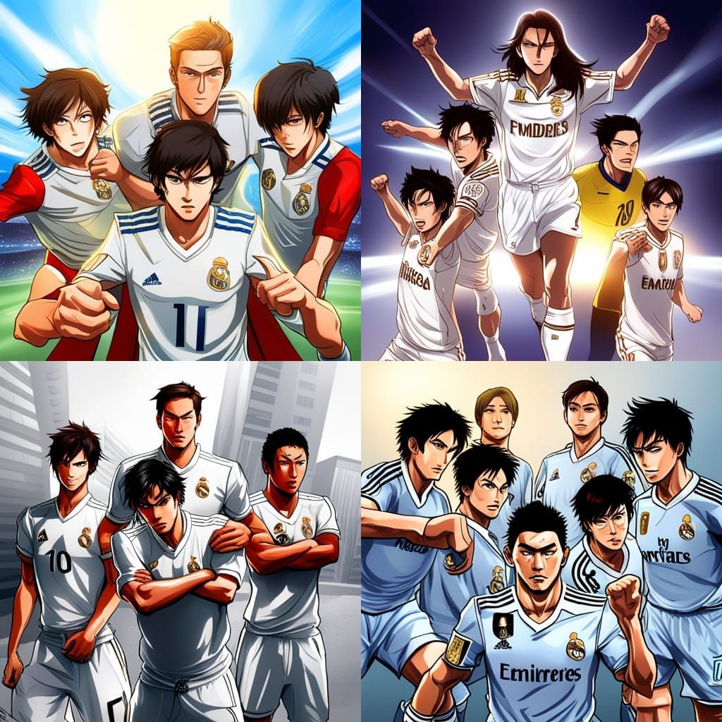 White and gold Real Madrid soccer team posing as superheroes...