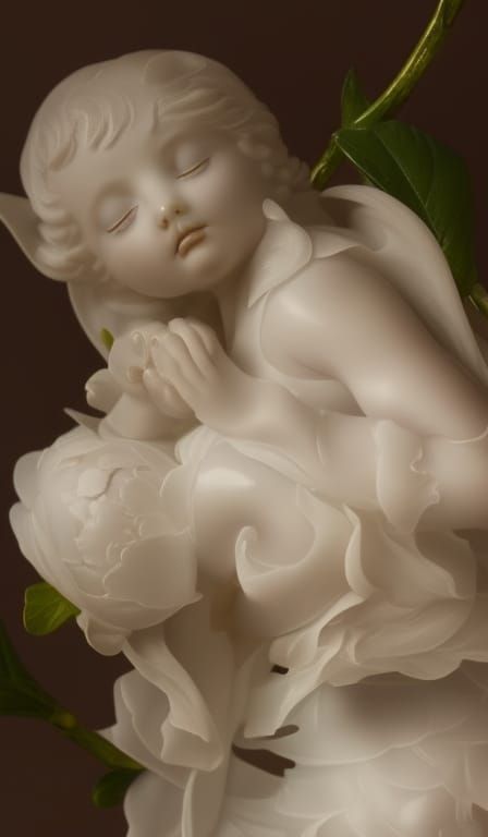 Sleeping angel sculpture in translucent opaline, pale and mi...
