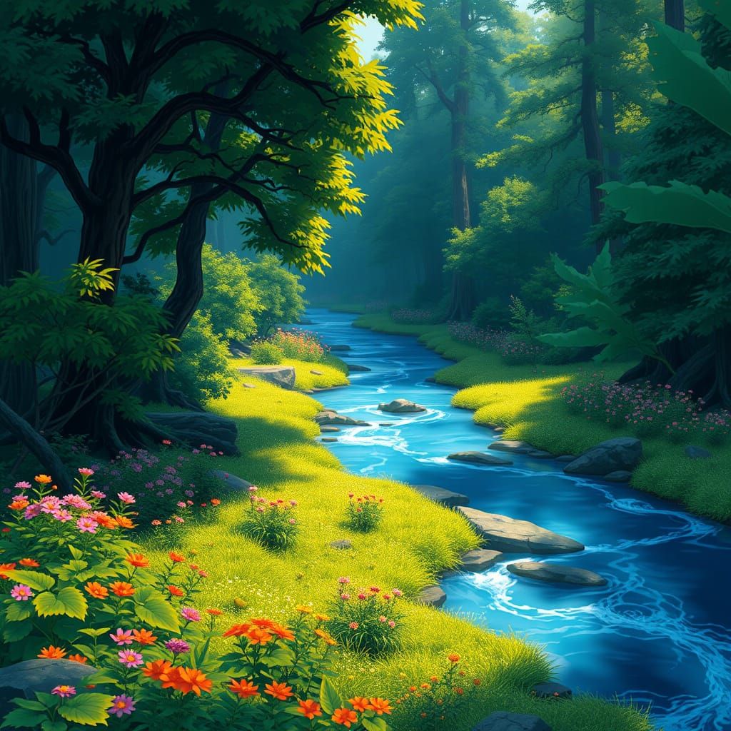 Whimsical Forest River Scene in Dreamy Studio Ghibli Style