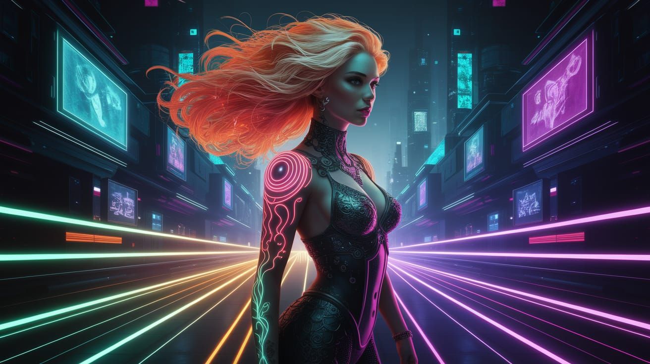 A breathtaking portrait of a neon cyberpunk goddess with flowing, bioluminescent-orange hair, adorned with intricate tattoos that pulse with...
