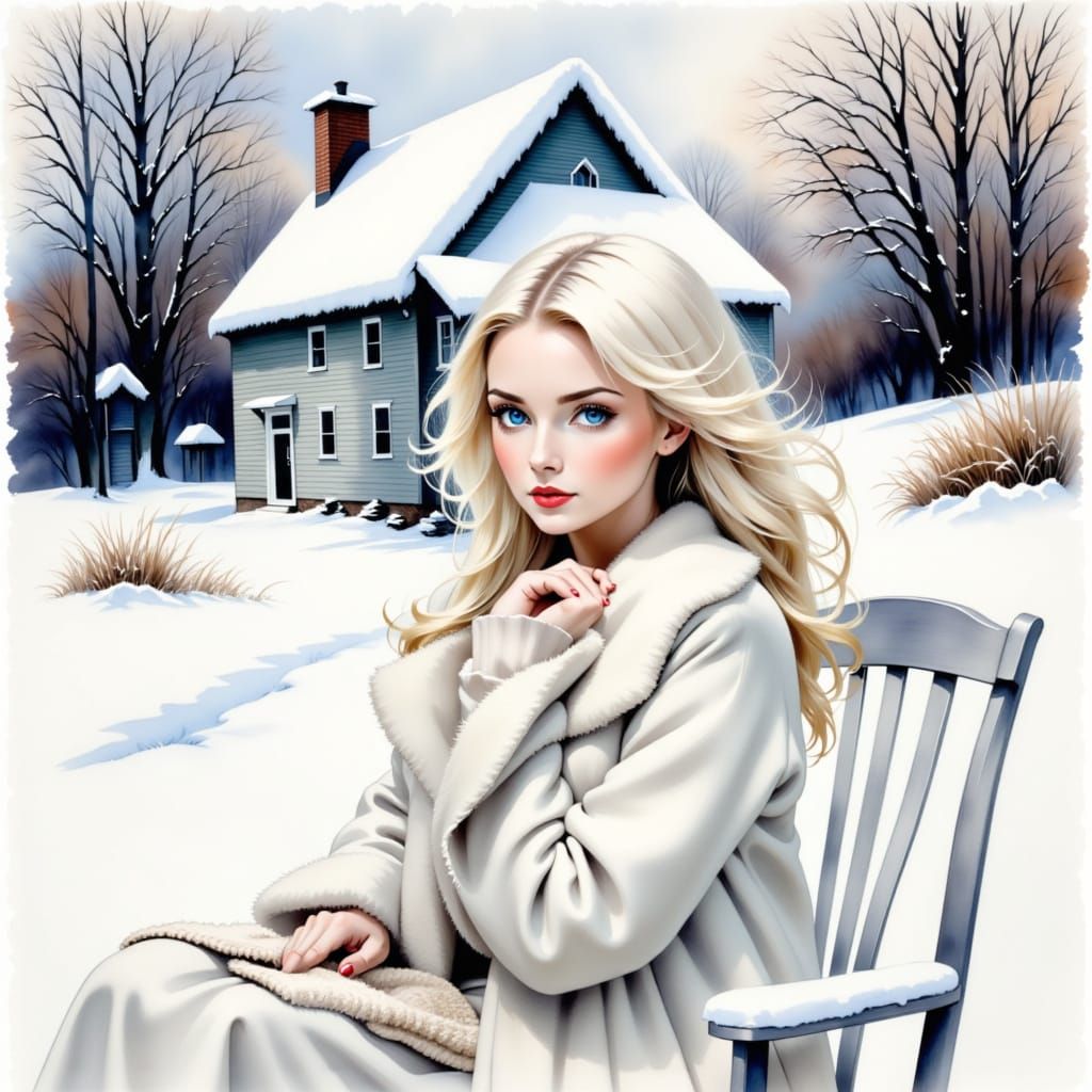 <lora:StarlightXLFlux:1.0> beautiful woman with pale skin, blue eyes, white hair, wiinter coat sitting on a white chair in front of her hous...
