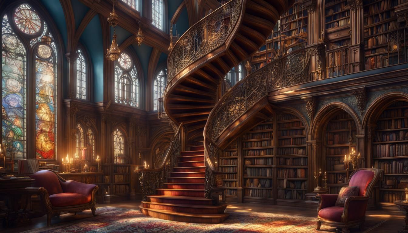 a very elaborate library with a spiral staircase and thousands of ...