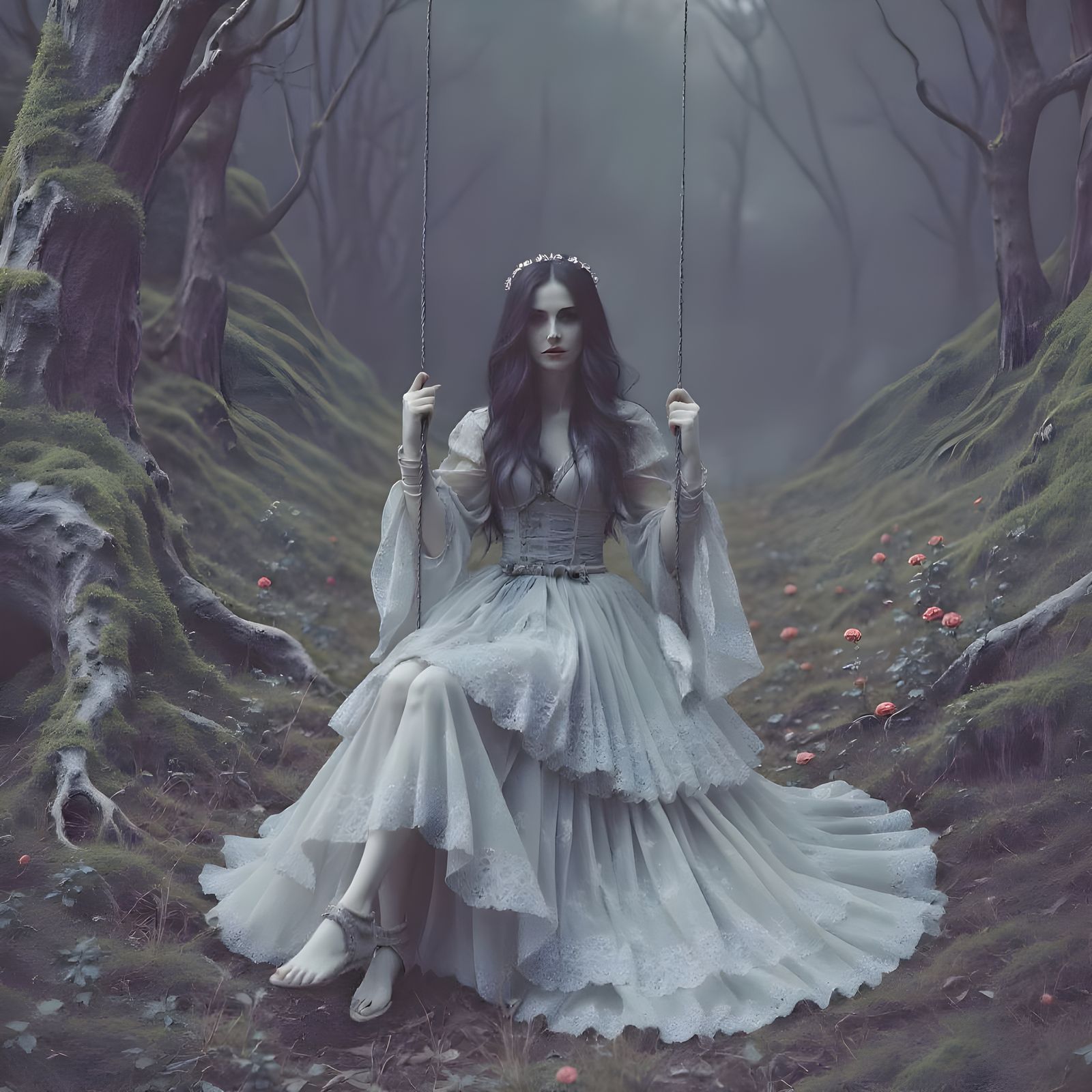 Eerie Young Girl Swinging on Gothic Tree Branch