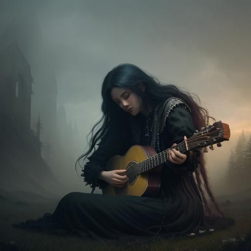 a woman with long wavy hair is holding a classical guitar standing on a rainbow.  Forest animals are next to her. on the ground kneeling is...