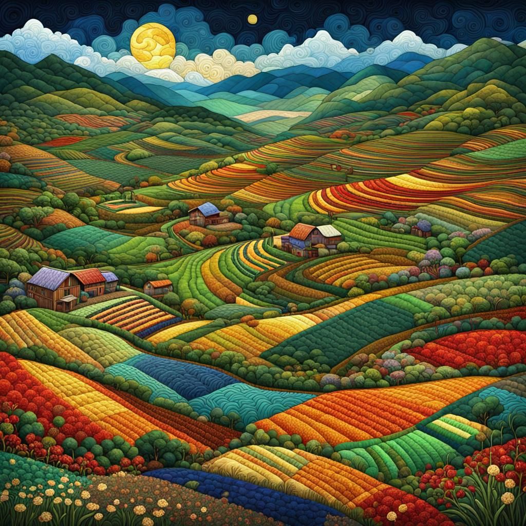 Terraced Fields Under Starry Sky in Digital Patchwork