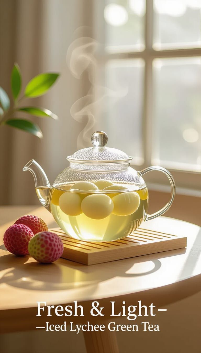 A refreshing iced lychee green tea in a transparent glass teapot placed on a light wooden table, soft morning sunlight streaming through a w...