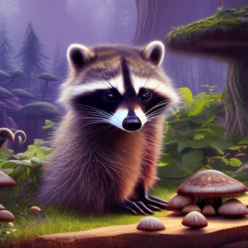 baby raccoon with mushrooms - AI Generated Artwork - NightCafe Creator