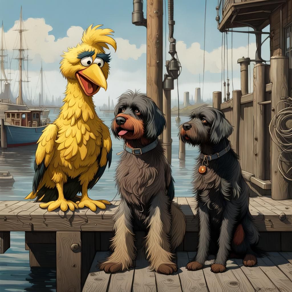 Sesame Street big bird and a black Wirehaired Pointing Griffon sit by the  dock of the bay. CGSociety, awwchang, James Christensen, character... - AI  Generated Artwork - NightCafe Creator