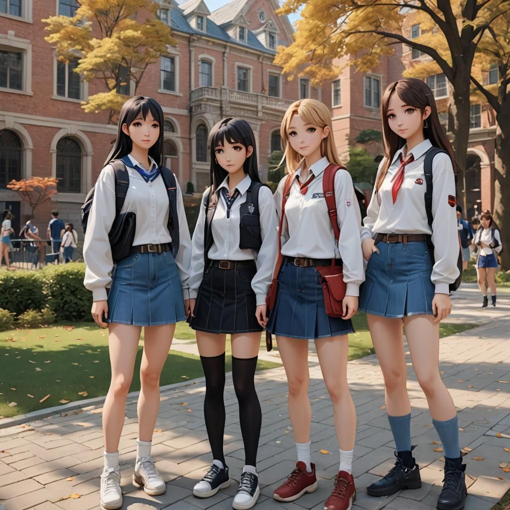 3 college students on campus. They are all dressed different...