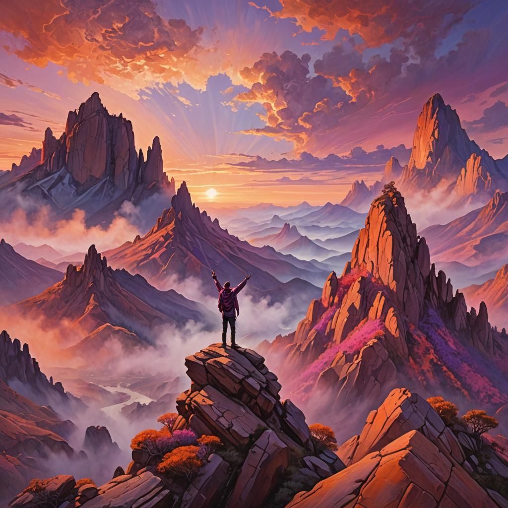 “Create a hyper-realistic, vivid 3D scene of a person standing triumphantly on top of a mountain peak, overlooking a breathtaking panoramic...