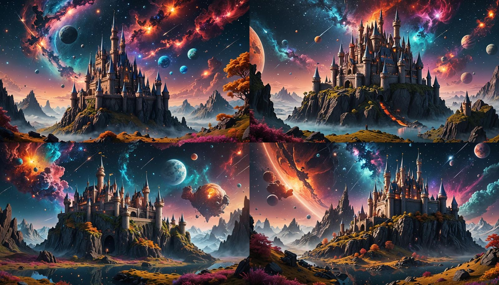 Design a fairytale castle set on an asteroid, surrounded by ...