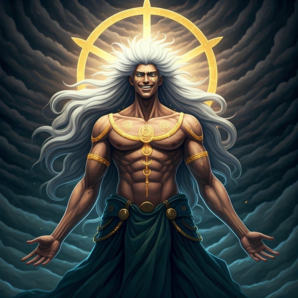 Volo from Pokémon legends Arceus video game fused with Arceus himself standing in the Pokémon hall of origin with His long white hair swayin...