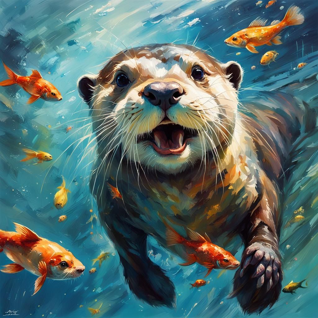 Happy Otter Swimming Underwater in Detailed Oil Painting