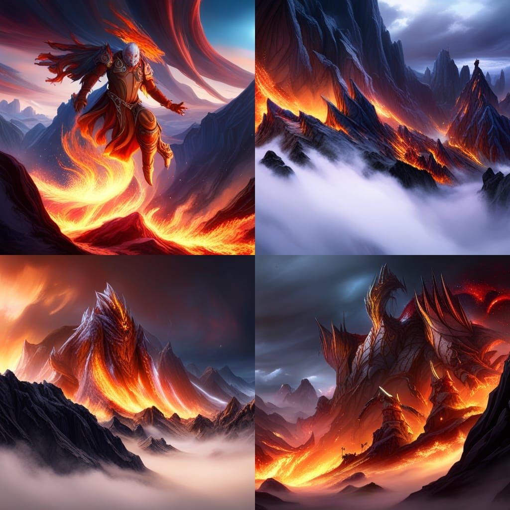 Giant fire angel crushes mountains under his feet