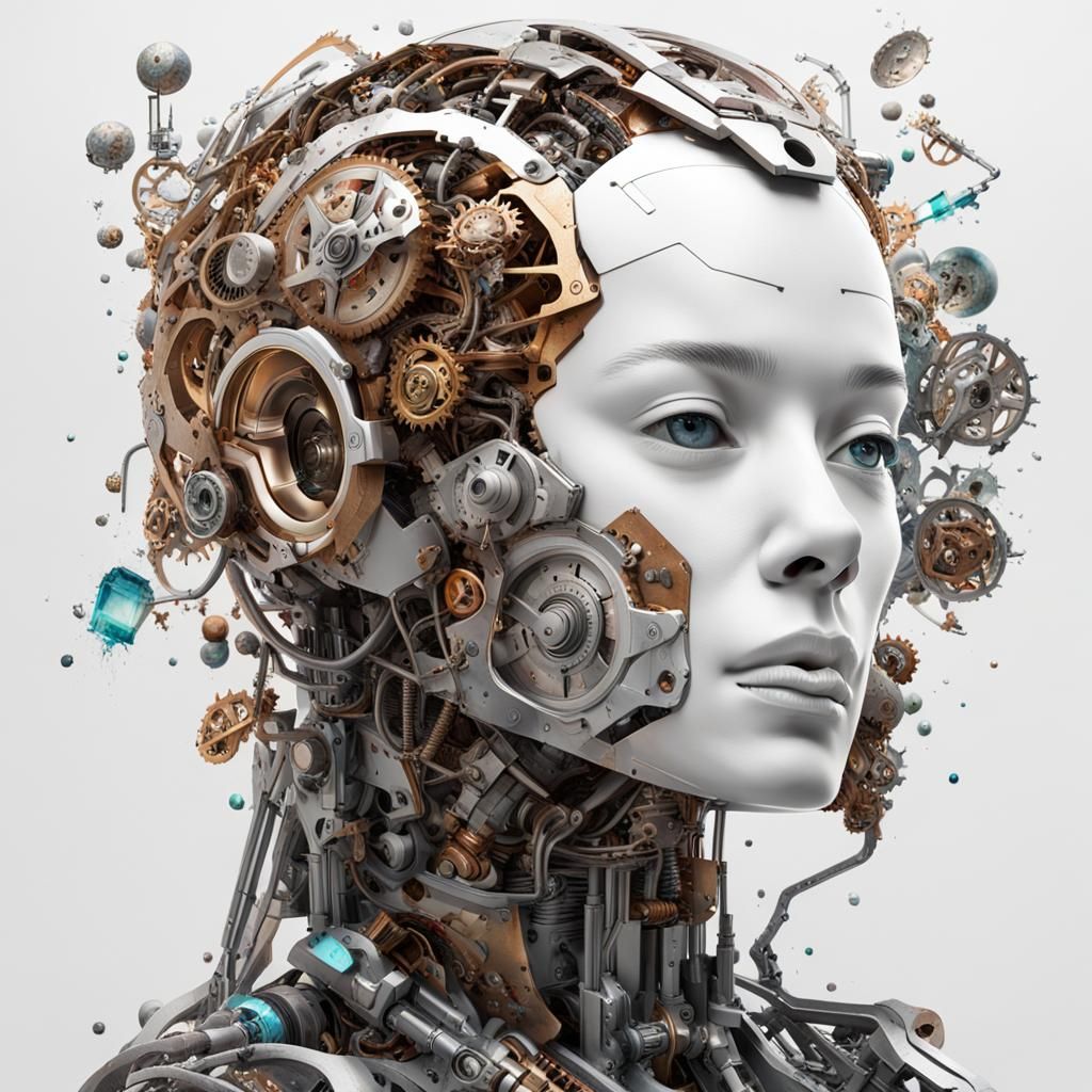The anatomy of woman’s head made of mechanical pieces, futur...