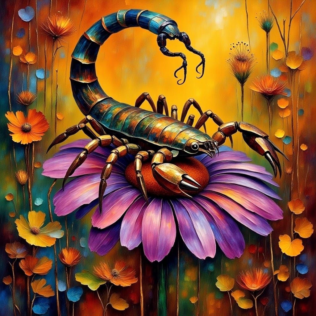 <lora:ROUGH DIAMOND:1.0> Golden Scorpion on a purple flower