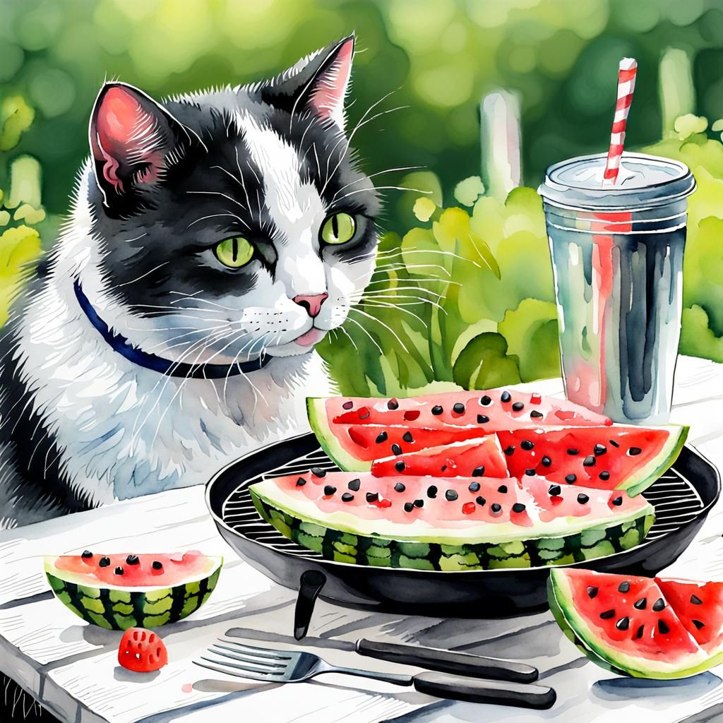 watercolor Black and white cat is BBqs for the Summer and ea...