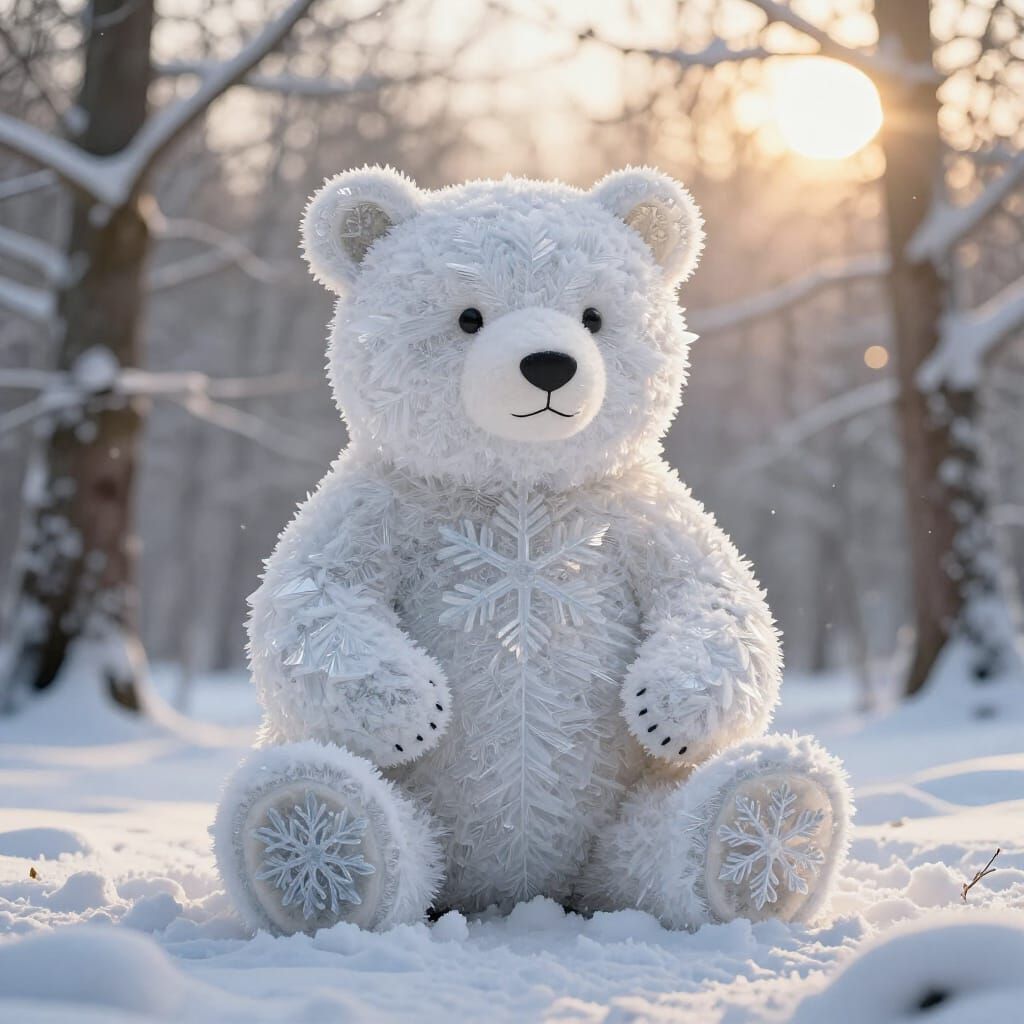 Photorealistic A giant Teddy bear built from layered snowflake patterns  by @NeoWolf