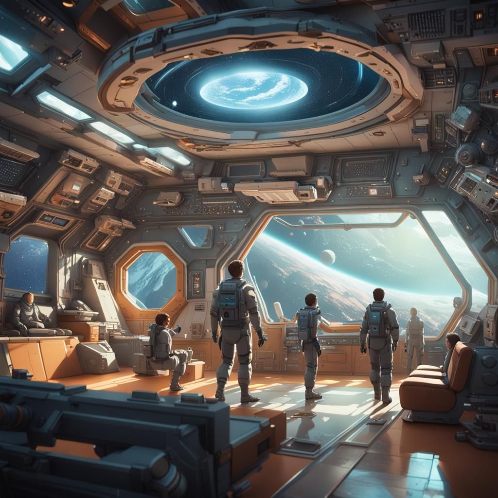 Living Room Scene Onboard A Space Station Orbiting An Earth-like Planet 