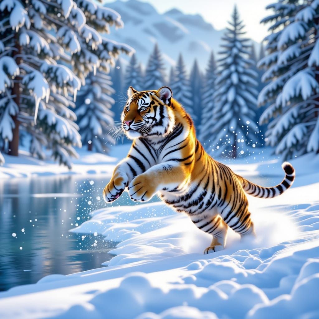 Tiger at lake during winter snowfall having fun in the snow <lora:Snow Tiger:1.0>