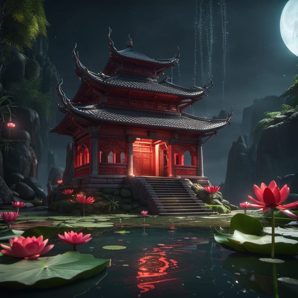 small red decorated temple with a small water lily pond and ...