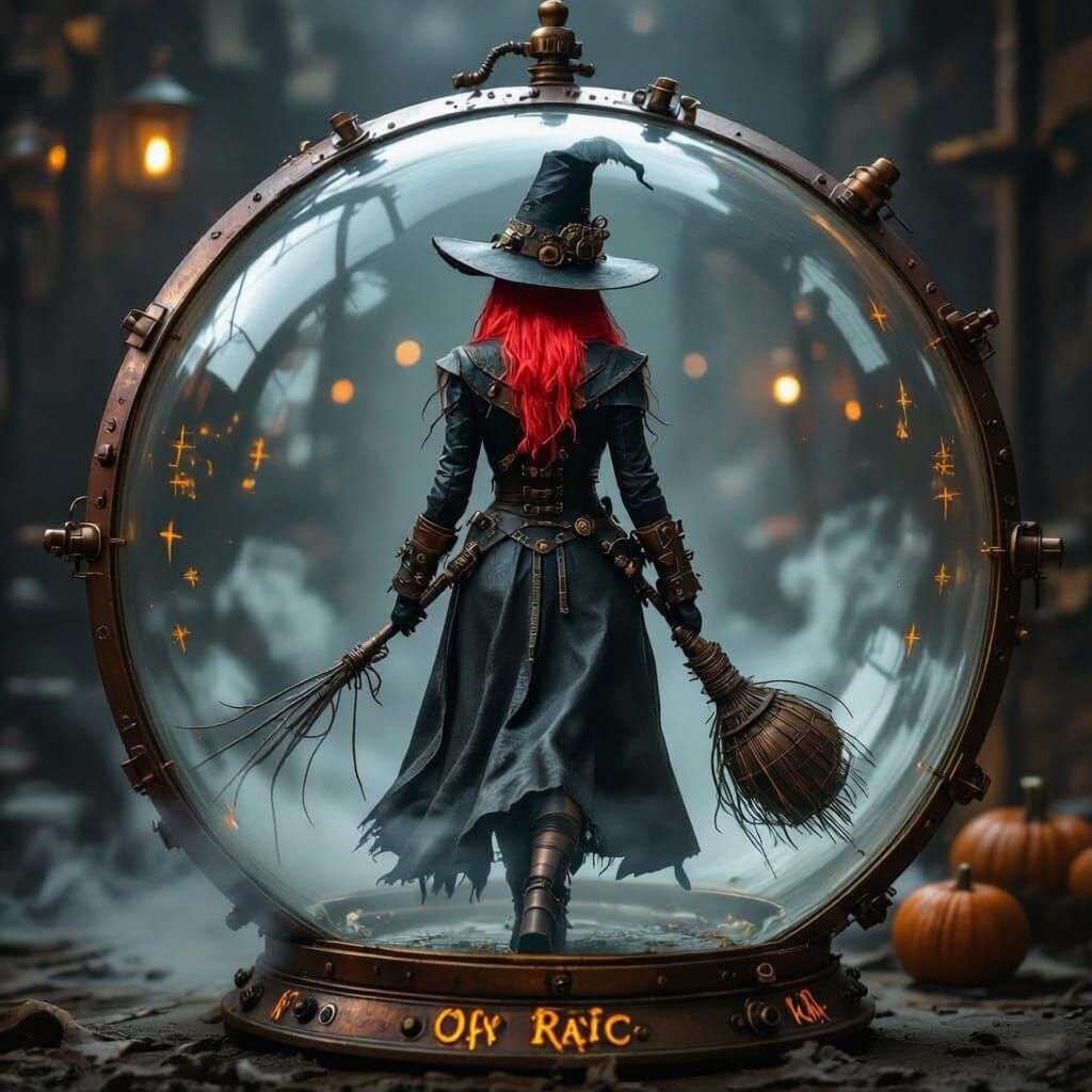 A hyper-realistic, dark steampunk photograph of a witch encased inside a clear glass orb. The witch is walking and is seen from behind, wear...