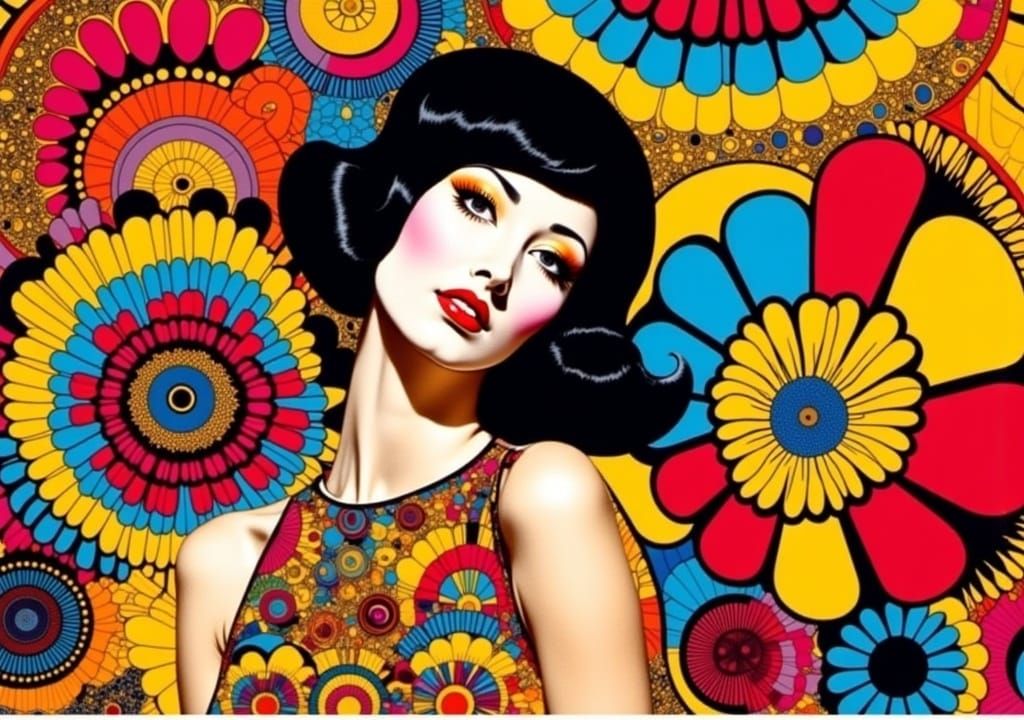 Mod Peggy Moffitt Twiggy 1960s fashion model photography mini skirts and gogo boots, groovy psychedelic kaleidoscope acid trip background au...