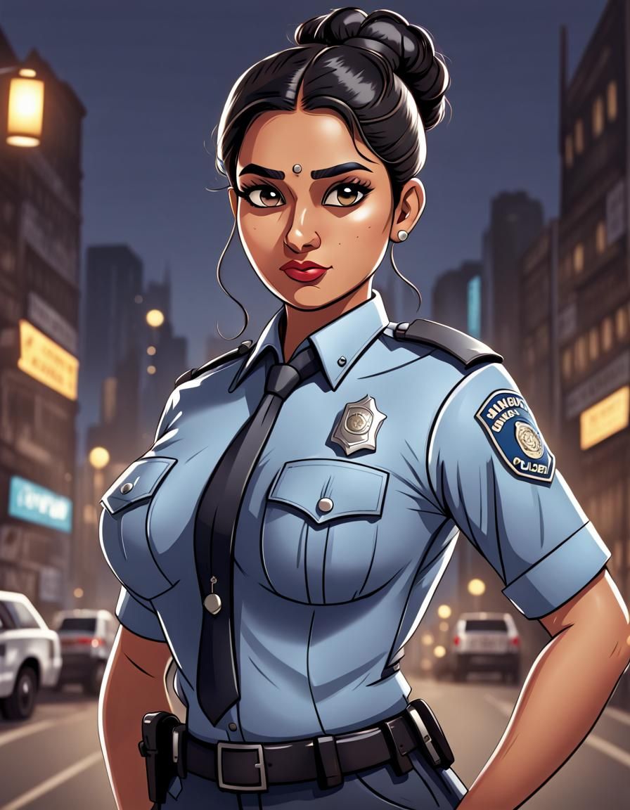 2d Archer style cartoon of a female policewoman, Indian ethnicity, neat ...