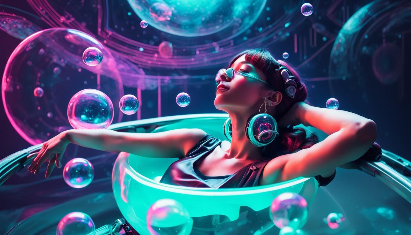 Woman Relaxing in Flying Bubble with Synthwave Style