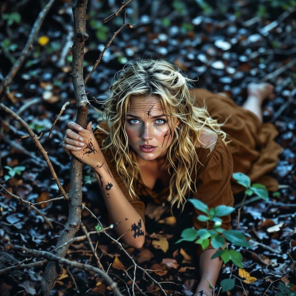 She turns and exhaustedly crawls away from the tree.