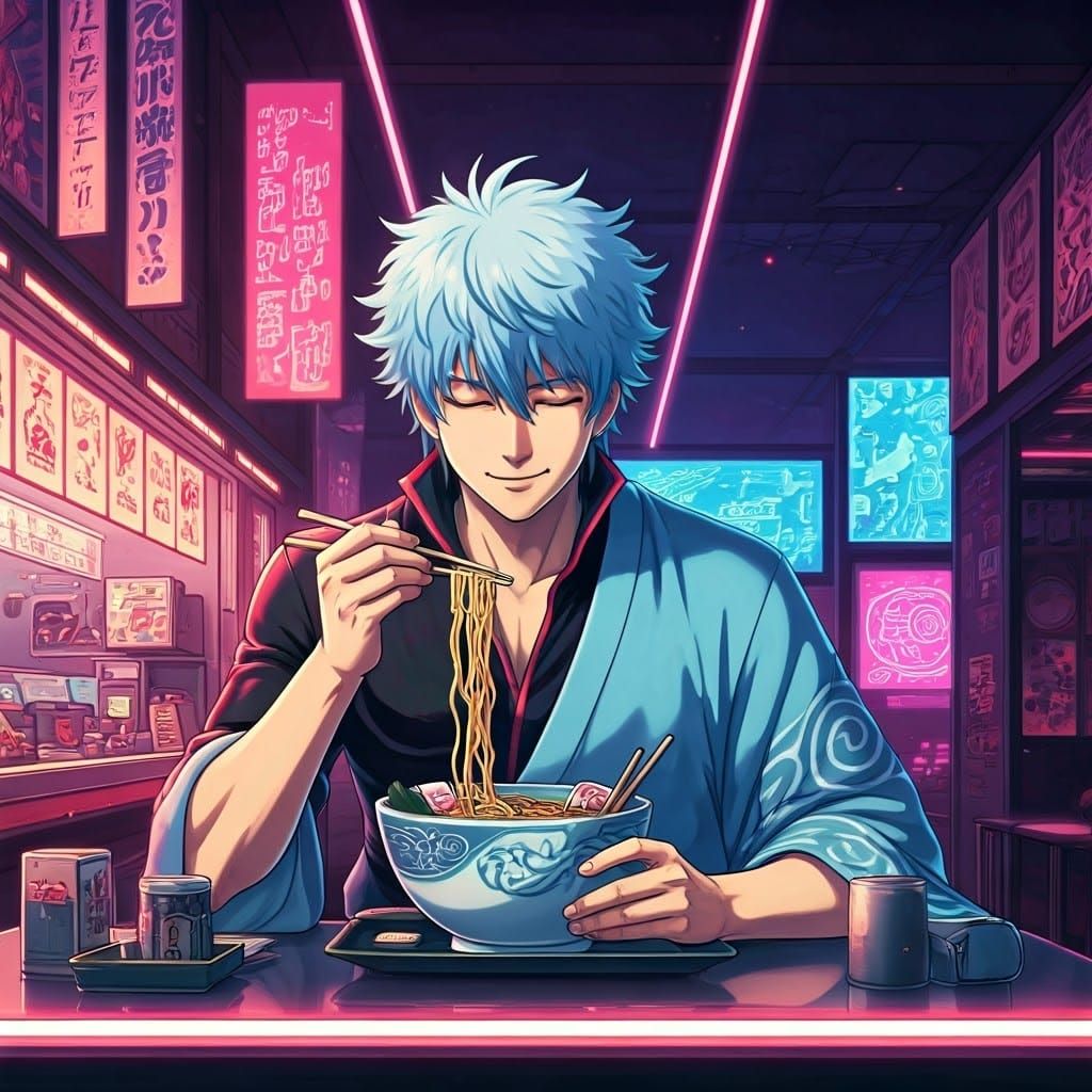 gintama sataka from anime gintama, eating at a futuristic japanese restaurant  by @aradama