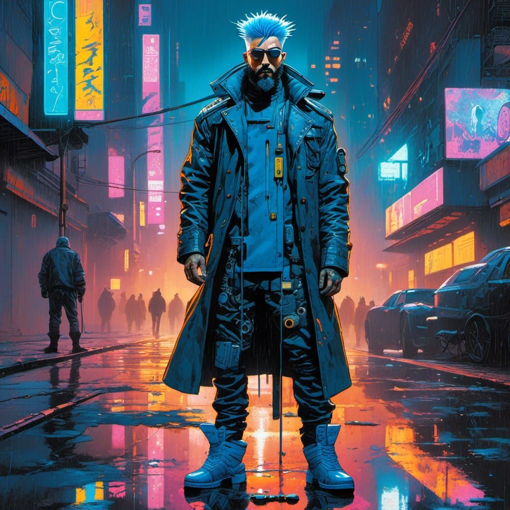 Cyberpunk Male with Neon Hair in Rainy Street