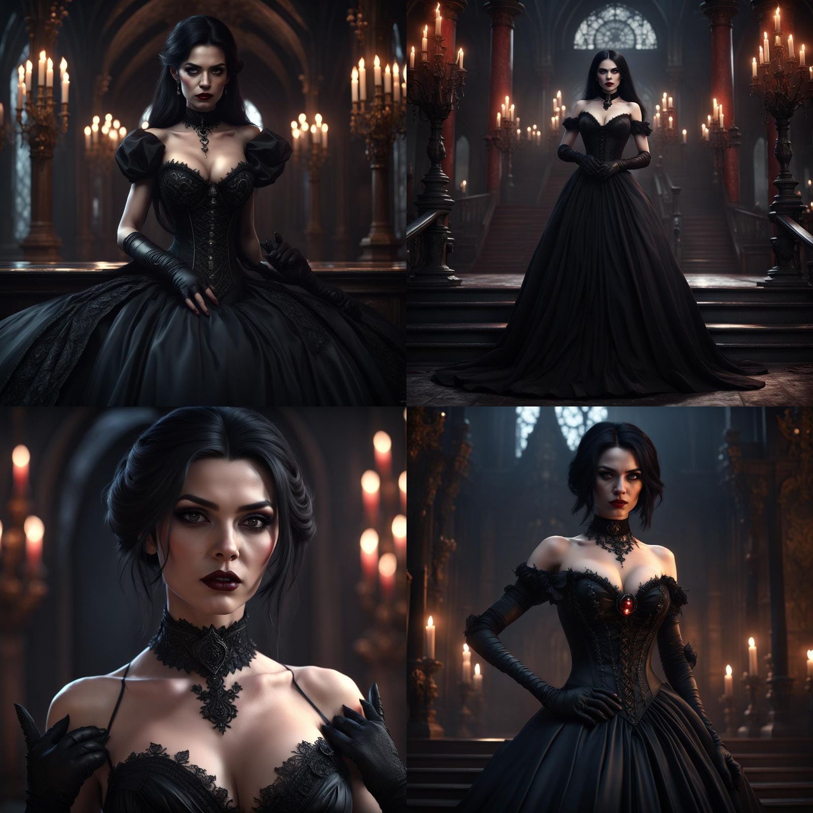 A black haired vampire girl in a low cut black gothic ball g...