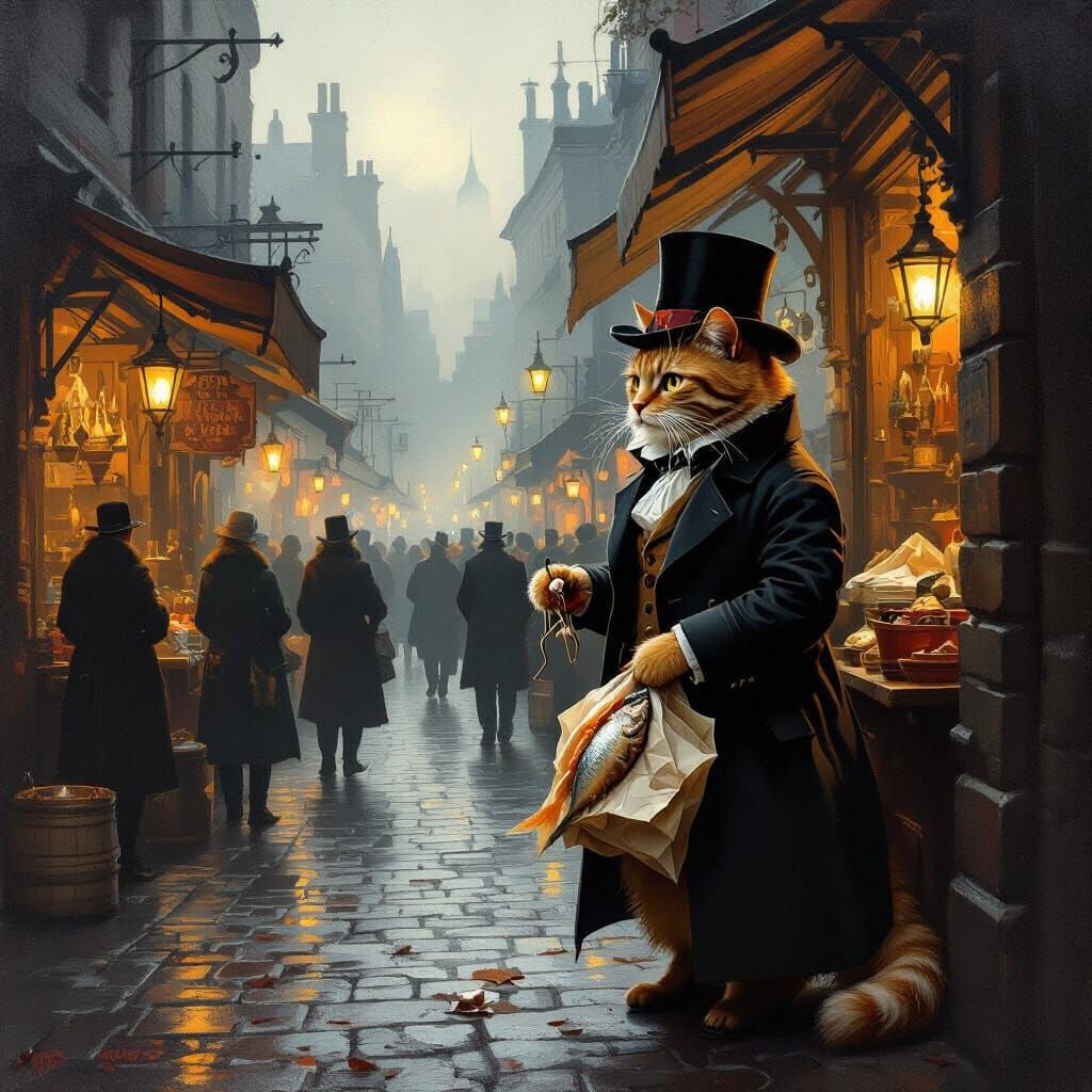 Big Orange tabby cat meets with Victorian era tabby cat to go shopping for fish - Start Image 2